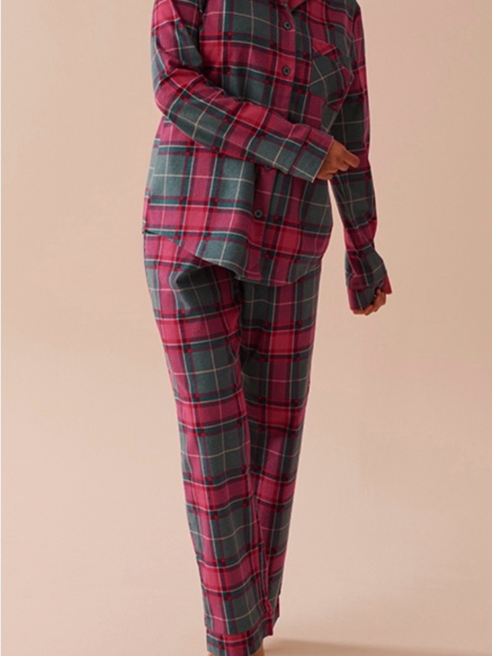 La Vie En Rose Pink Red & Green Plaid Flannel Pajama Set Pants